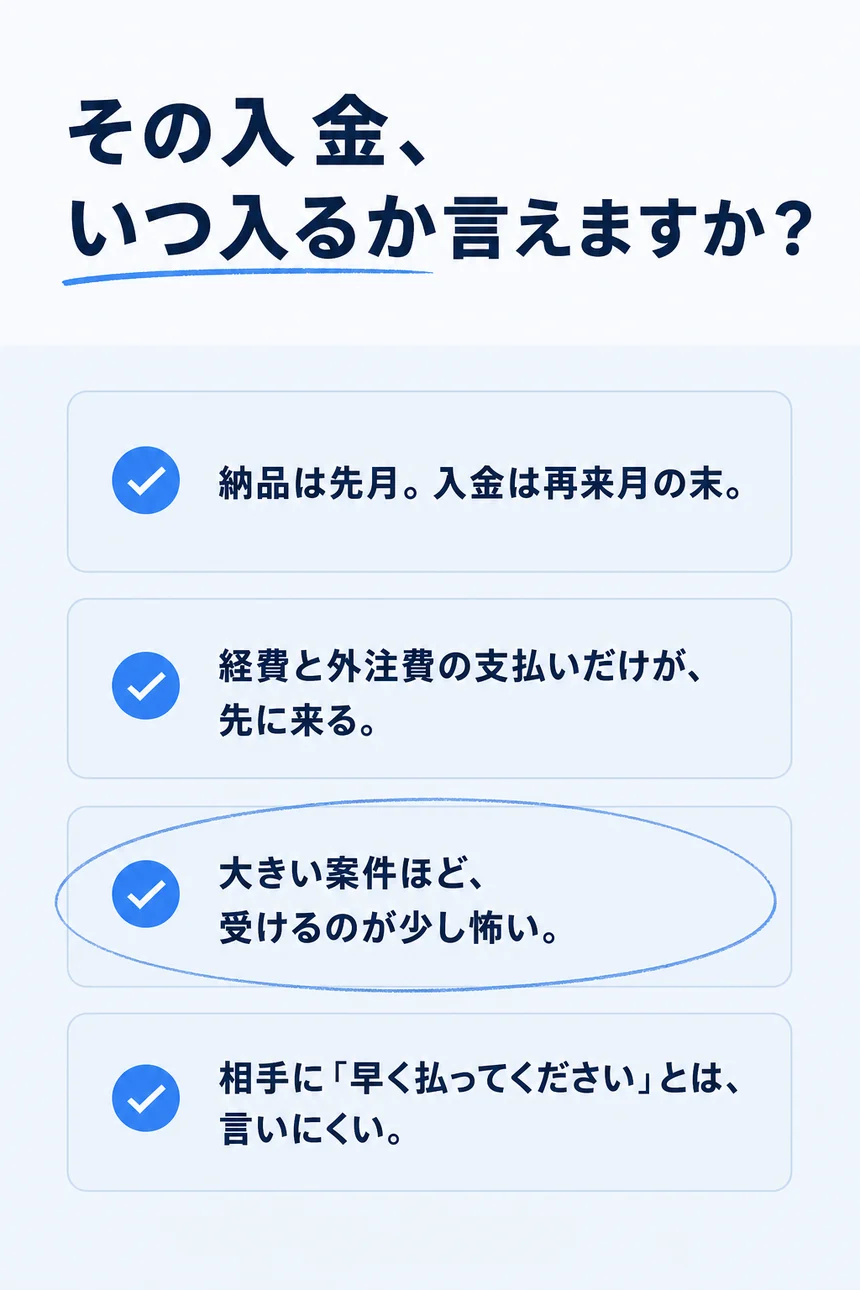 その入金、いつ入るか言えますか。納品は先月、入金は再来月の末。経費と外注費の支払いだけが先に来る。大きい案件ほど受けるのが少し怖い。相手に「早く払ってください」とは言いにくい。