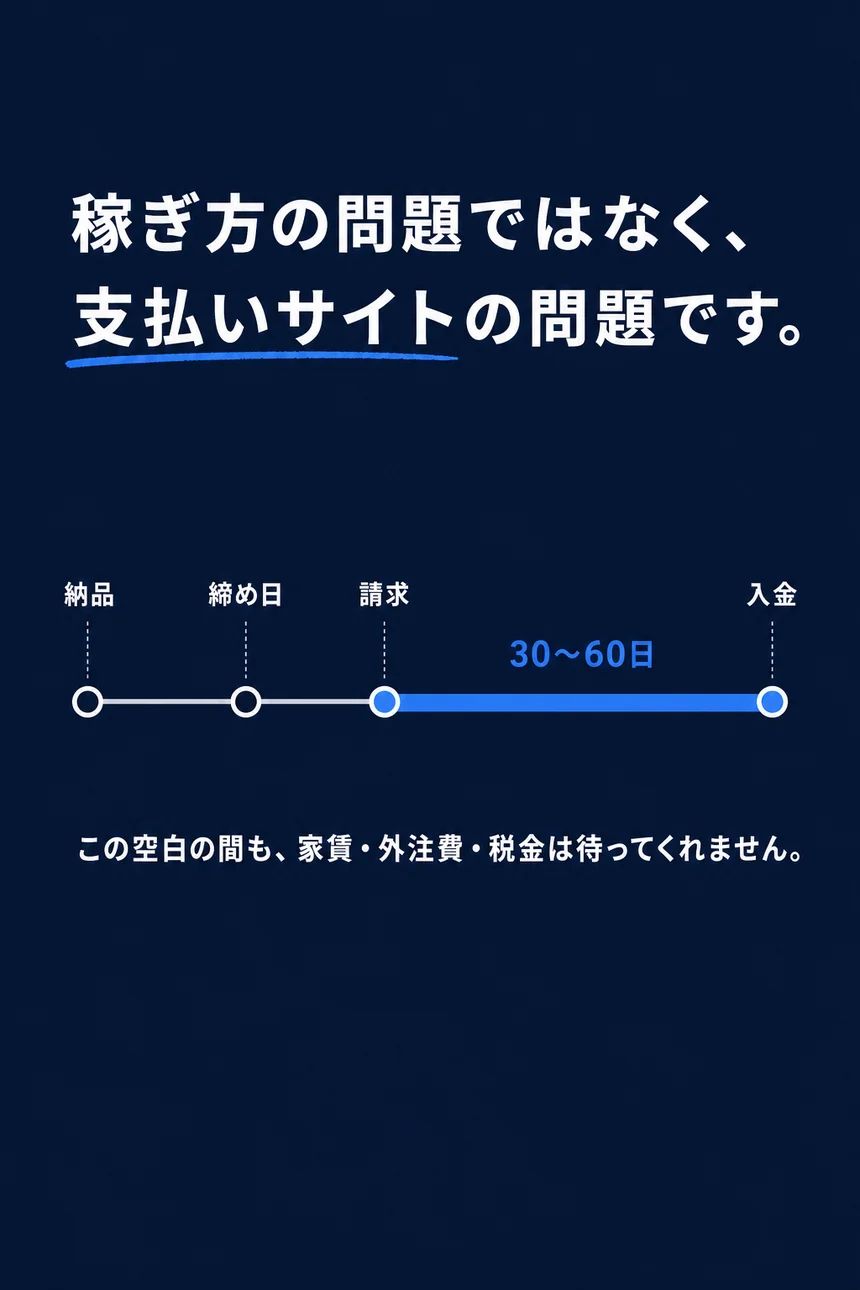 稼ぎ方の問題ではなく、支払いサイトの問題です。納品から締め日、請求を経て入金まで30〜60日。この空白の間も、家賃・外注費・税金は待ってくれません。