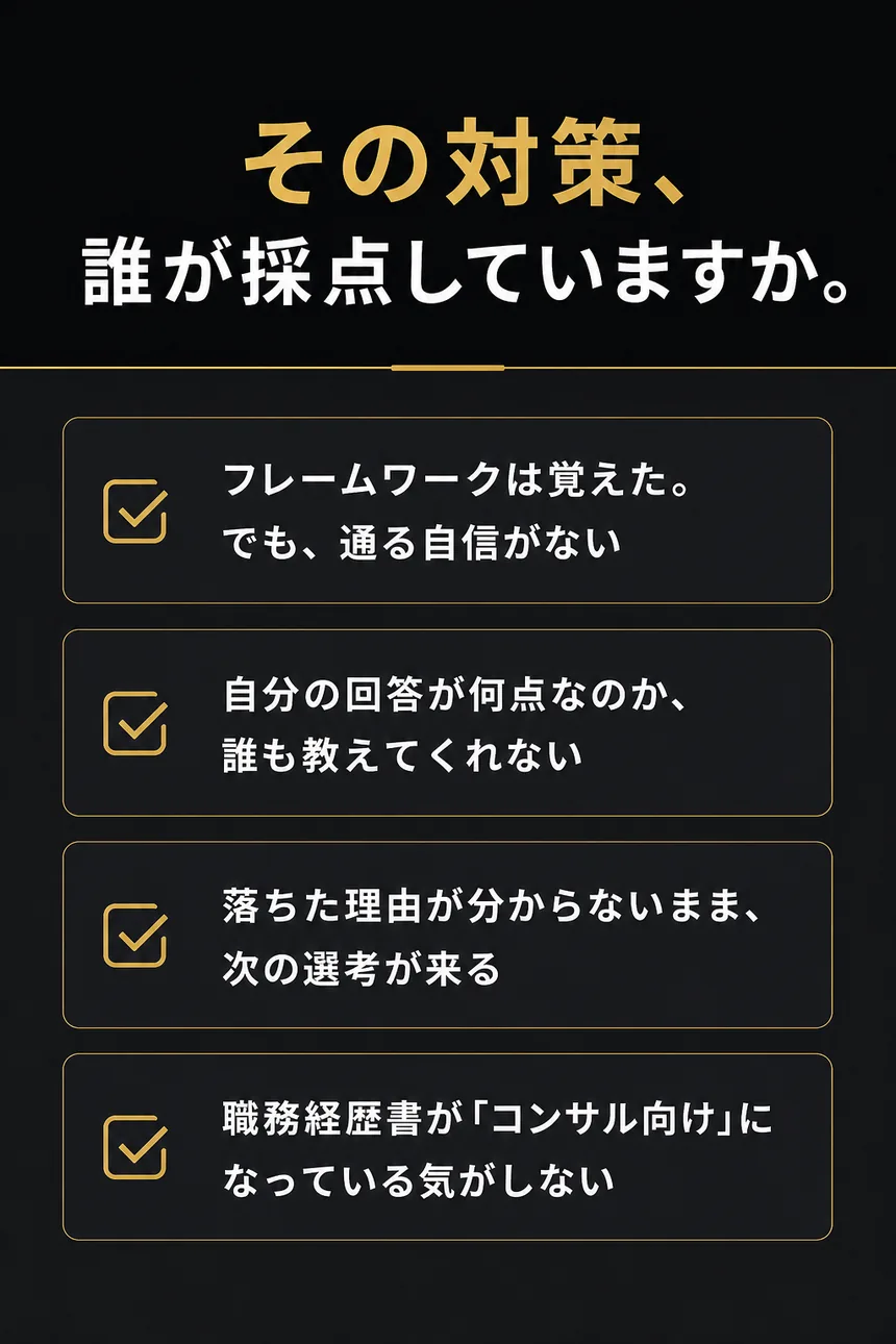 その対策、誰が採点していますか。フレームワークは覚えたが通る自信がない。自分の回答が何点なのか誰も教えてくれない。落ちた理由が分からないまま次の選考が来る。職務経歴書がコンサル向けになっている気がしない。